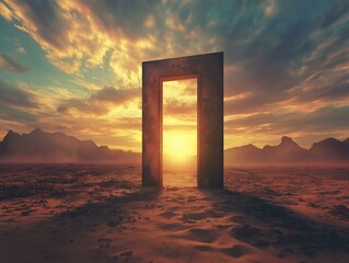 doorway in desert, sunset light, orange and purple hues, sandstone, surreal landscape