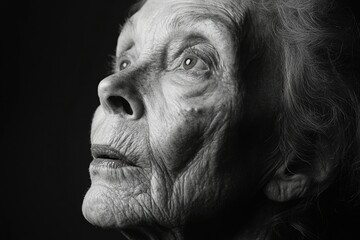 Obraz premium A black and white close-up portrait of an elderly woman, her face etched with the passage of time, gazing upwards.