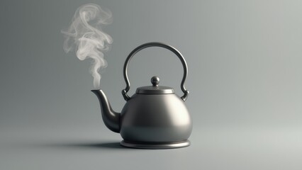 Silver Kettle Steaming on Grey Background, Evoking a Cozy Atmosphere, Concept of Coffee Shops, Kitchens, and Culinary Arts