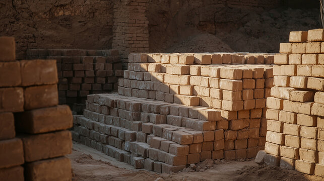 Brick kiln with stacks of finished bricks ready for transport - Powered by Adobe
