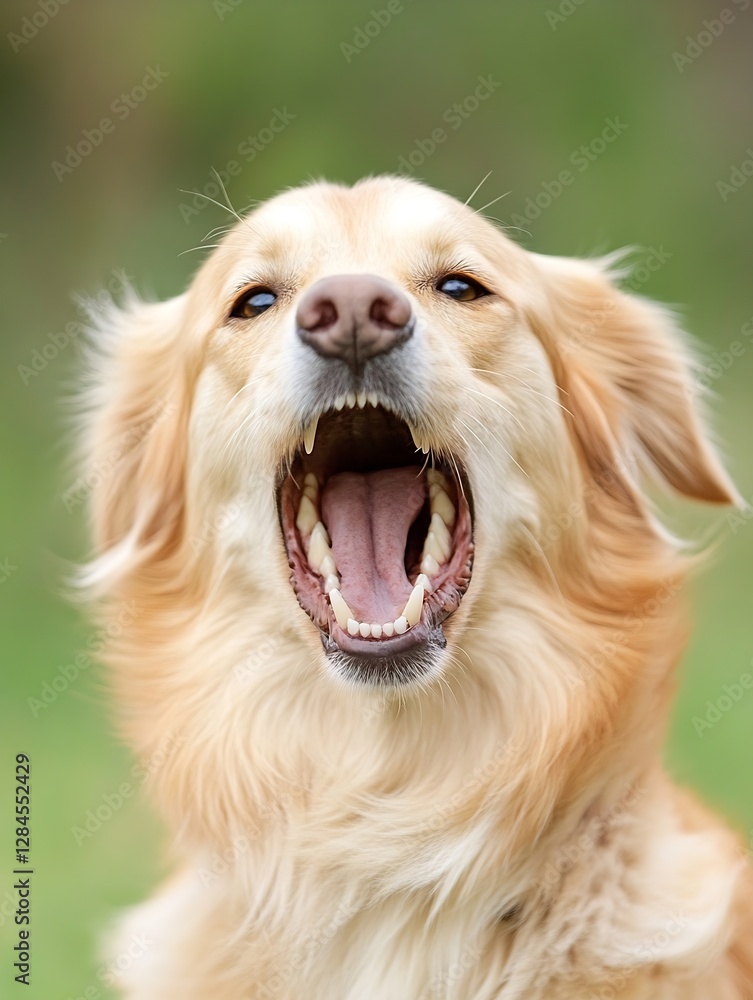 Poster golden retriever dog yawning outdoors with a joyful and relaxed expression in nature : generative ai