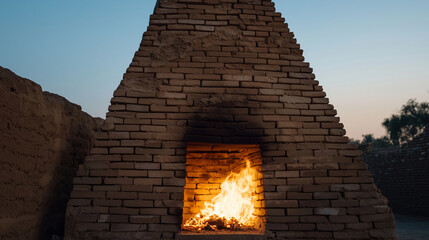 A brick kiln glowing warmly at night