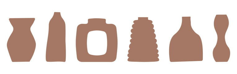 Set of abstract vase silhouettes in brown. Various modern, geometric pottery designs. Cozy home decor handmade boho
