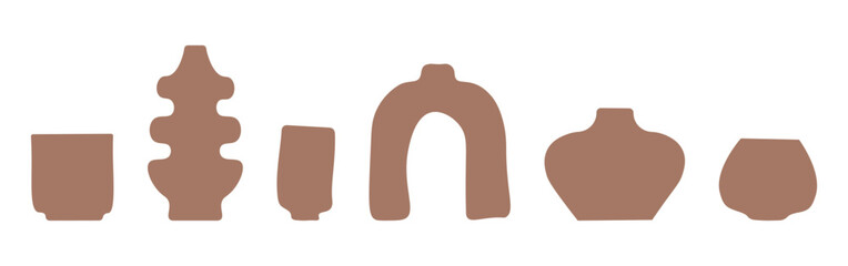 Set of abstract vase silhouettes in brown. Various modern, geometric pottery designs. Cozy home decor handmade boho