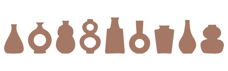 Set of abstract vase silhouettes in brown. Various modern, geometric pottery designs. Cozy home decor handmade boho