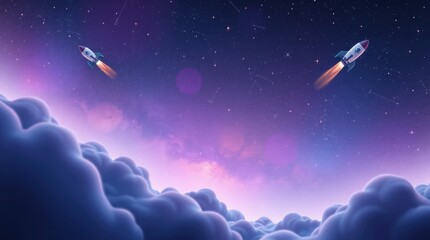 Two rockets soar through a purple nebula, taking off towards a starry sky, overcoming puffy clouds.