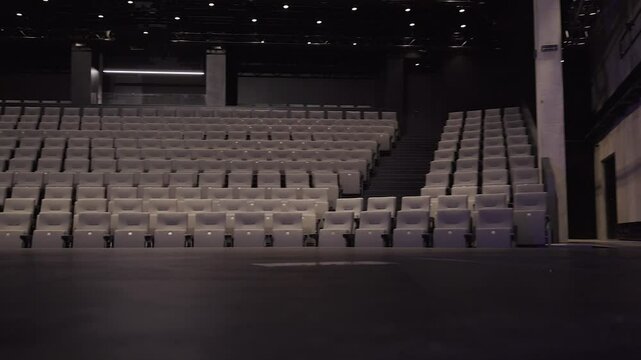 Revolving Theater Stage Floor. Camera Shows Wheels Underneath the Floor. Revolving Stage is a Mechanically Controlled Platform Within a Theatre that can be Rotated to Quickly Change a Scene.
