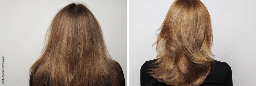 Poster transformation of hairstyle from unkempt to stylish in a professional setting. generative ai