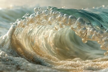 Close-up of an ocean wave breaking, showcasing translucent water and air bubbles.