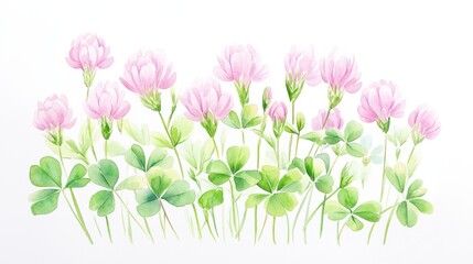 Delicate watercolor illustration of blossoming clover in soft pink and green hues capturing nature’s gentle beauty