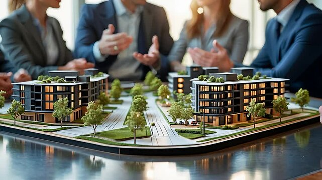 Architects and Investors Discussing Urban Development Project with Modern Apartment Complex Scale Model on Table

