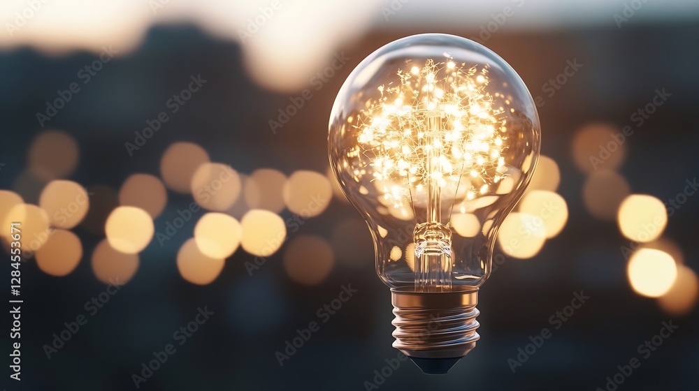 Aufkleber Glowing lightbulb with bright sparks surrounded by bokeh lights creating a warm atmosphere : Generative AI