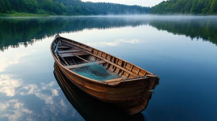 Obraz premium An old wooden rowboat with fishing tools floats gently in a misty lake at first light, surrounded by serene water and distant silhouettes of trees. 