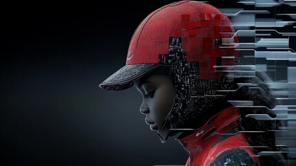 Futuristic Athlete Profile with Digital Effects and Red Cap