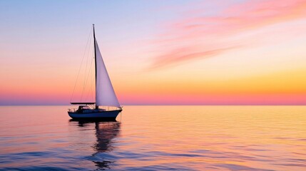 A graceful white sailboat glides across a tranquil sea, framed by a radiant sunset in shades of pink and orange, symbolizing peaceful solitude and timeless exploration.
