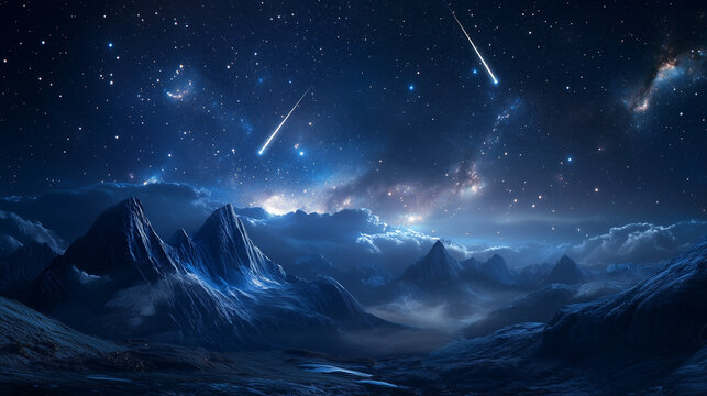Beautiful starfall in the mountains, falling stars in the night sky, background, backdrop 