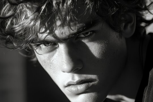 Close-up black and white portrait of a young man with intense eyes and tousled hair.