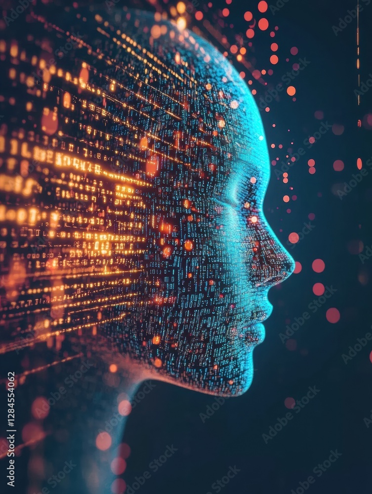 Poster Human face outline transforming into a dynamic stream of binary code and data flow showcasing futuristic AI concept. Generative AI