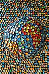 Globe made of bottle caps with map showing world continents on black background. Unique art project.
