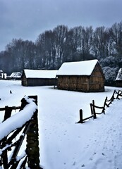 winter landscape with wooden house