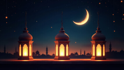 Fototapeta premium Traditional Ramadan lanterns glowing against a dark sky, with a crescent moon and stars above, symbolizing the holy month.