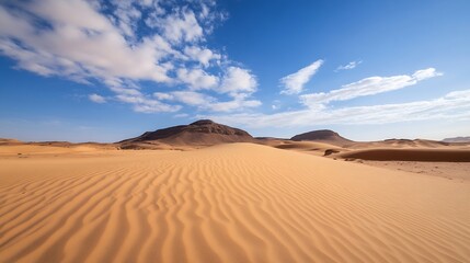 Fototapeta premium Stunning desert landscape showcasing sandy dunes and a bright blue sky with wispy clouds : Generative AI