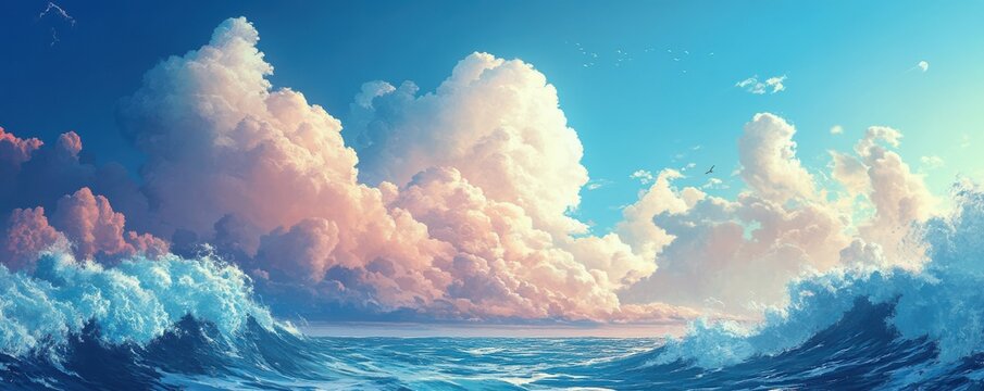 Vast ocean waves under sunset clouds and birds with bright blue sky