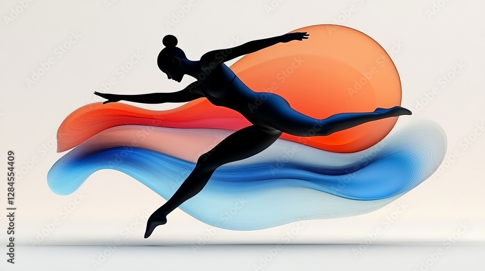 Poster dynamic dance silhouette with flowing abstract waves in background