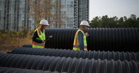 male and female senior project Engineers inspect pipe circulars. Checking Construction of the...