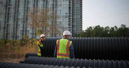 male and female senior project Engineers inspect pipe circulars. Checking Construction of the...