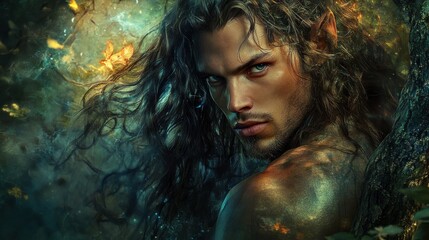 Mystic forest dweller gazing into the distance amid vibrant foliage