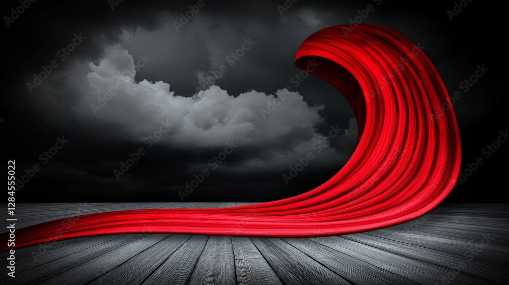 Poster red wave fabric flowing on dark background with textured surface
