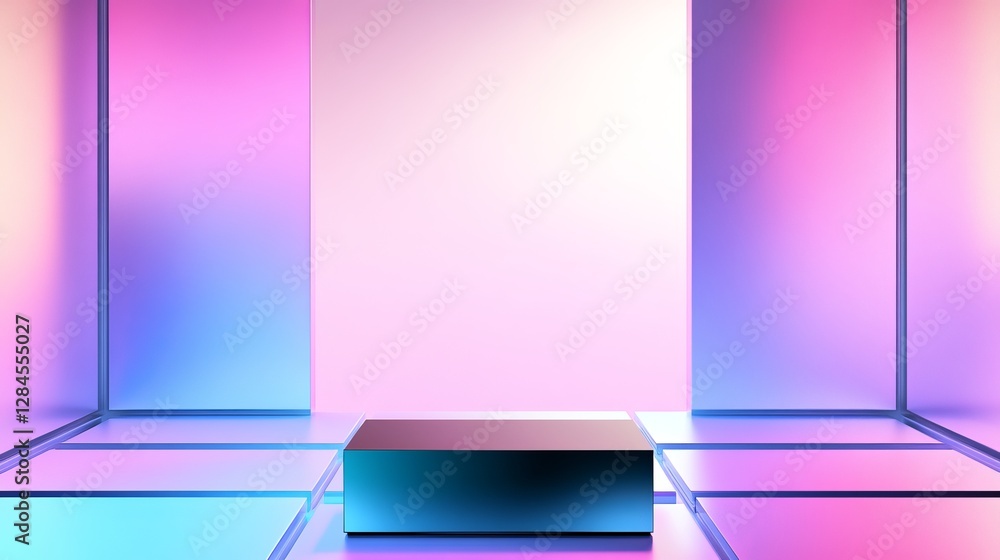 Poster abstract studio background with illuminated surfaces and a central podium for product display