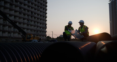 The project engineer and civil engineer working on discussing the blueprint drawing on the drainage pipe for the infrastructure and progressing with the project at construction at sunset
