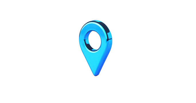 Blue location 3d icon marker or route gps position navigator sign and travel navigation pin road map pointer symbol isolated on white street address background with point direction discovery tracking.