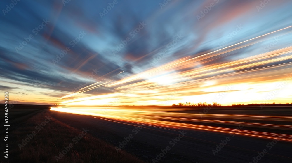 Poster dynamic sunset landscape captured with motion blur conveying speed and vivid colors across the horiz