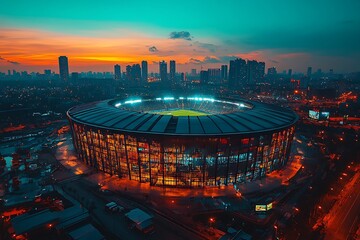 Obraz premium Stunning Cityscape with Illuminated Stadium at Dusk