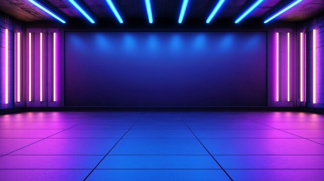 Futuristic neon-lit empty room with colorful light and smooth floor, ideal for events or photography