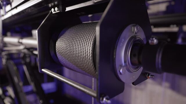 Metal Cable Rolls Out from a Hoist Spool. Stage Truss in the Background. Lighting or Stage Truss Allows Lighting Designers the Freedom to Hang LED or Automated Fixtures, Where Ever they Choose.