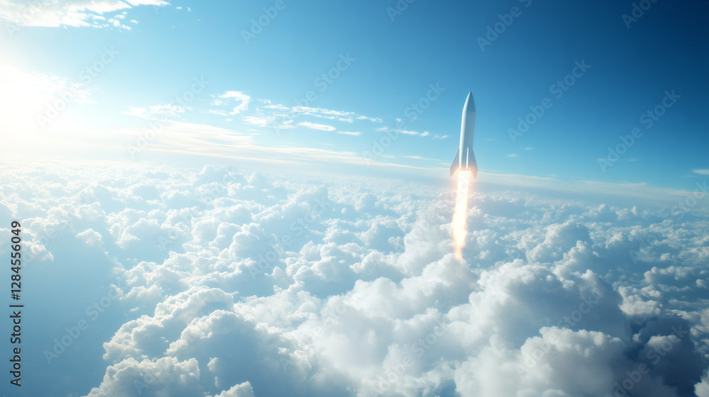 Poster Sleek spacecraft gliding through luminous cloudscape, symbolizing interstellar adventure and boundless technological imagination