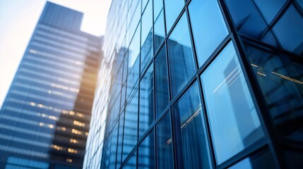 Obraz premium Modern glass buildings reflecting sunlight in a vibrant urban cityscape with towering skyscrapers : Generative AI
