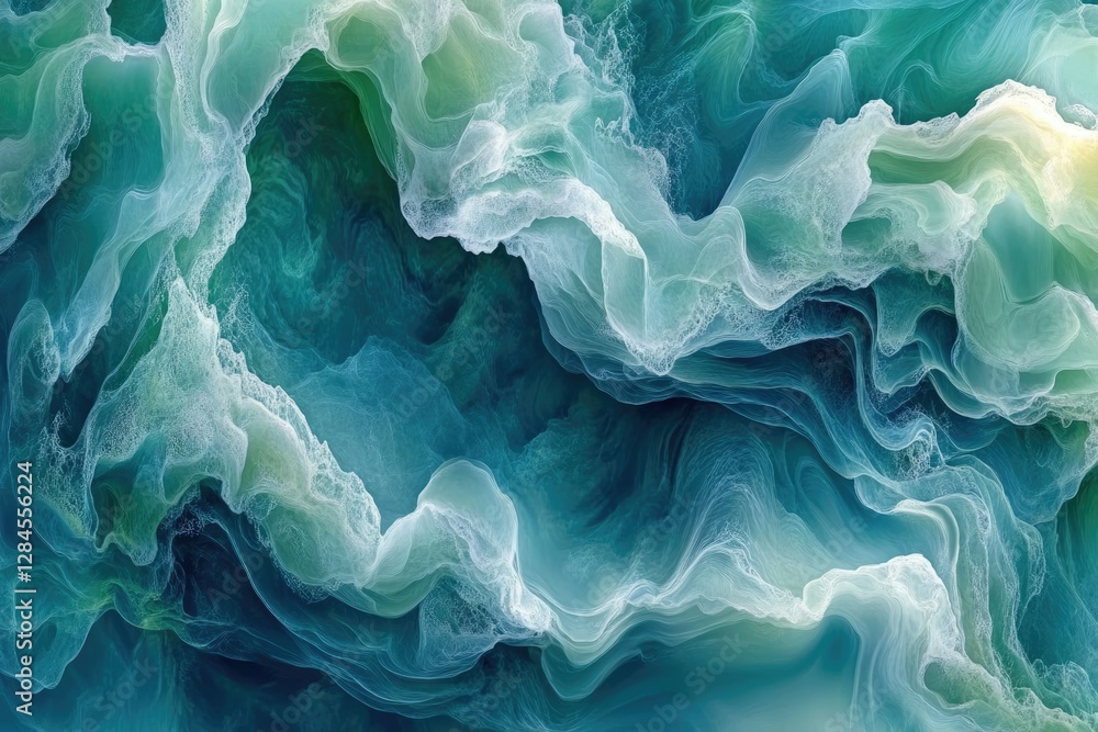 Poster abstract art depicting swirling teal and white forms resembling ocean waves or clouds, creating a dr