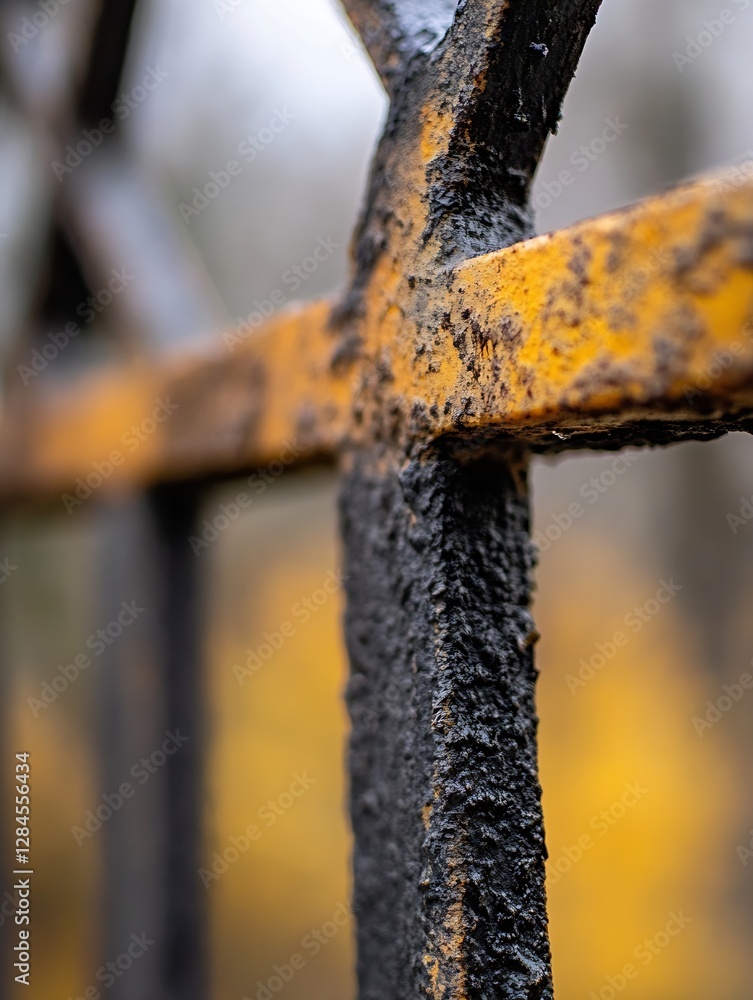 Poster closeup of rusty iron fence with yellow paint peeling in a blurred autumn background : generative ai