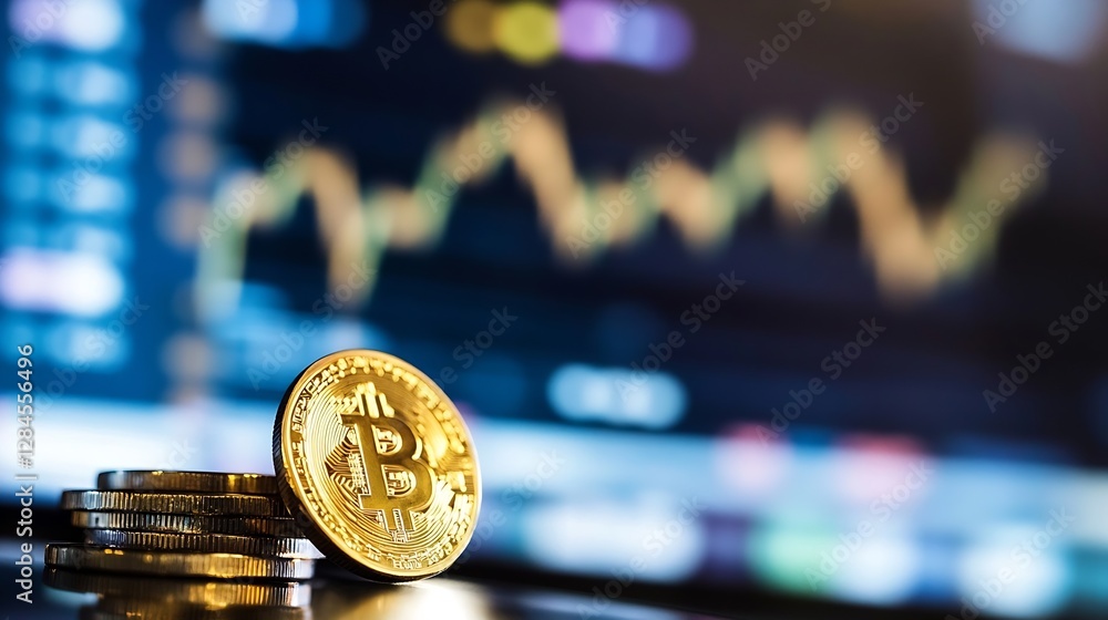 Leinwandbilder closeup view of bitcoin coins stacked with a vibrant cryptocurrency trading graph in the background 