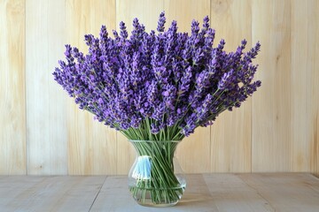 A large bouquet of vibrant purple lavender flowers arranged in a clear glass vase against a light wood background.