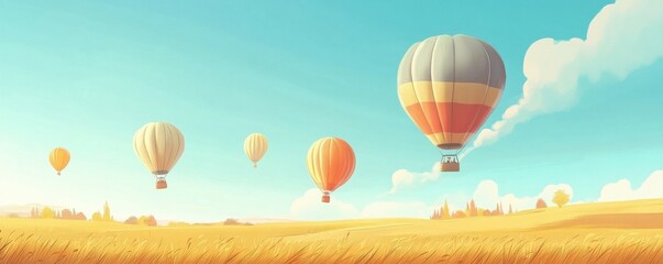 Obraz premium Colorful hot air balloons floating in clear blue sky over golden fields
