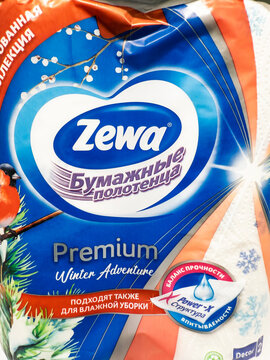 Premium paper towels zewa featuring a winter adventure design are showcased, emphasizing functionality in wet cleaning in a colorful package. Gomel, Belarus - February 15, 2025