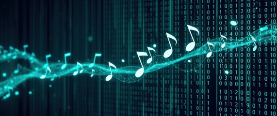 Musical notes float over a background of binary code, merging technology and art in a digital symphony.