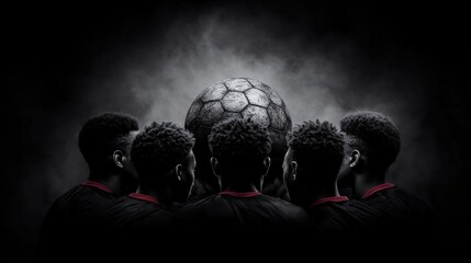 Five Soccer Players Facing a Soccer Ball in Dramatic Lighting
