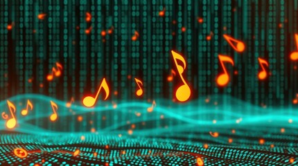 Digital music notes float over binary code, creating a futuristic and dynamic visual experience.